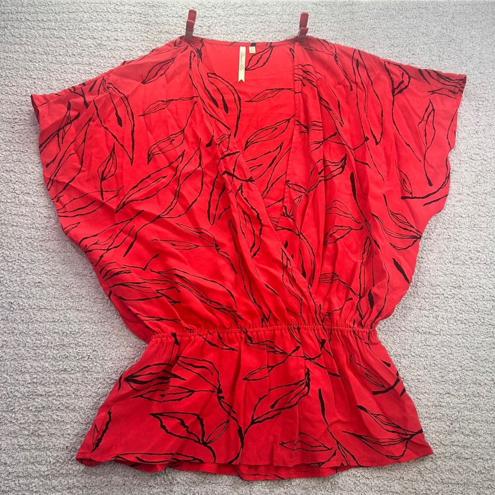 Petticoat Alley Silk Surplice Blouse Red Leaf Print XS Boho Chic Luxe Top